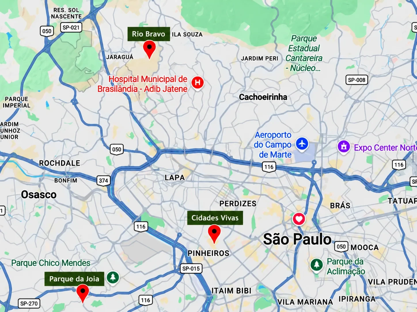 Mapa de São Paulo com os três projetos apoiados: Parque da Joia, Cidades Vivas e Rio Bravo